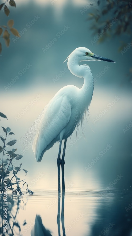 Naklejka premium A white bird stands in a body of water