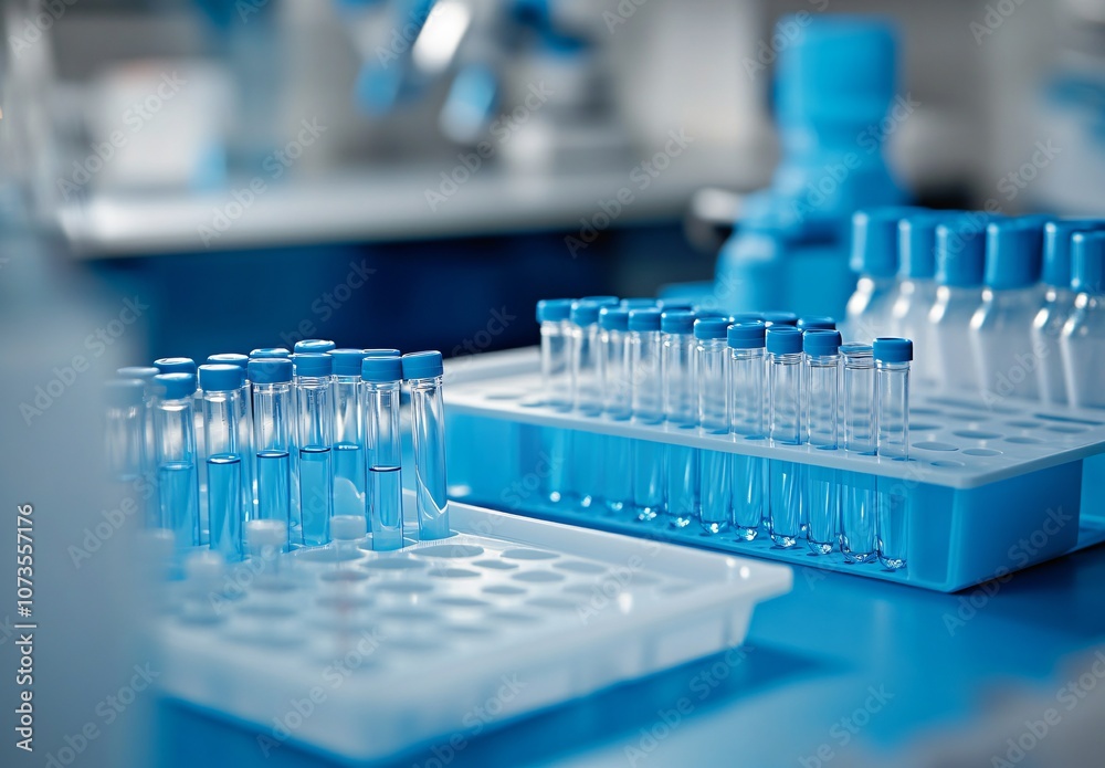 Laboratory Test Tubes Close Up Blue Background