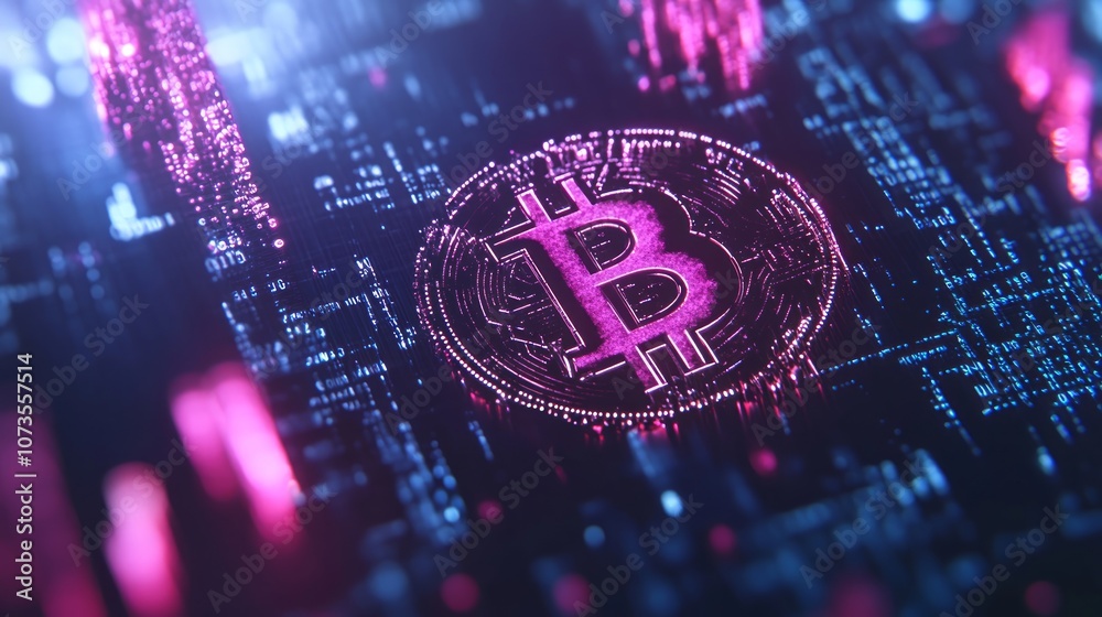 Fototapeta premium A glowing Bitcoin symbol on a circuit board, representing digital currency and technology.