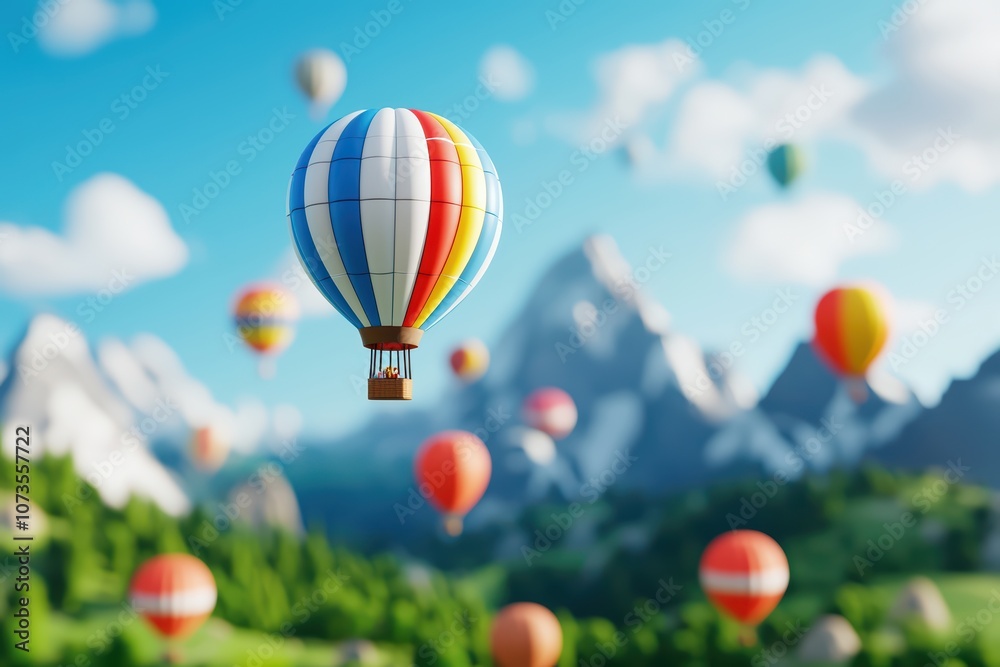 Obraz premium Colorful hot air balloons float above stunning mountain landscape.