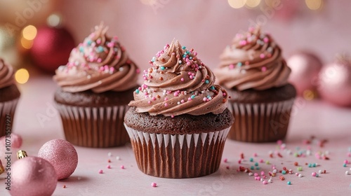 Delicious chocolate cupcakes decorated with colorful sprinkles