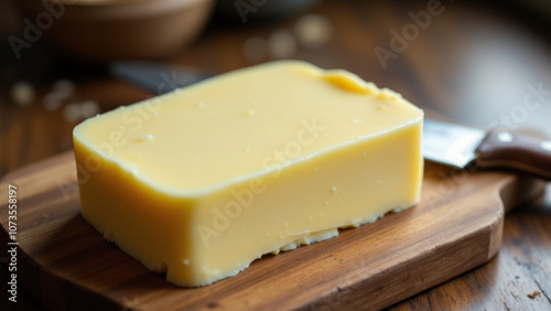 A square piece of yellow cheese with visible graininess on a wooden cutting board. photo