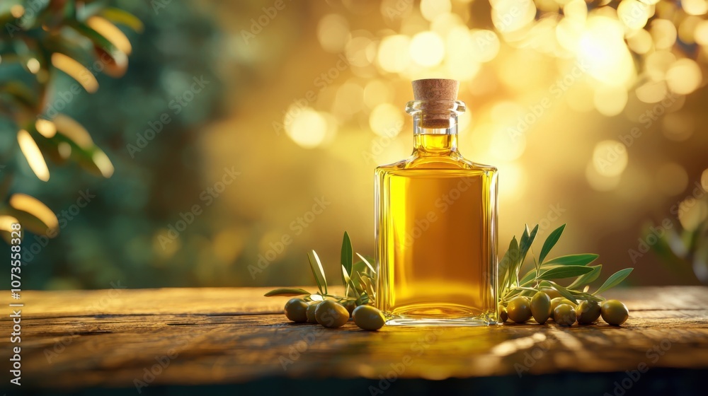 Beautiful Glass Bottle of Olive Oil Surrounded by Fresh Olives and Olive Branches with a Glowing Background of Soft Natural Light Beautiful Glass Bottle of Olive Oil Surrounded by Fresh Olives and Olive Branches with a Glowing Background of Soft Natural Light