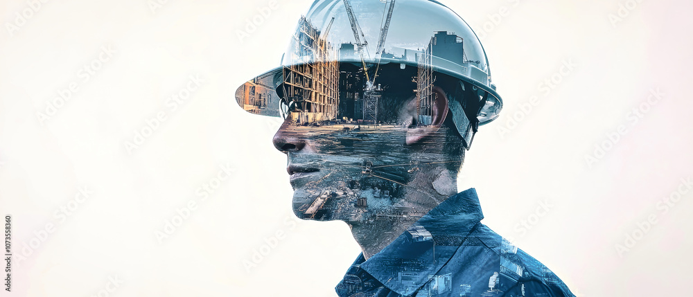 Double exposure of an engineer in a hard hat alongside a vibrant construction site illustration on a white background Double exposure of an engineer in a hard hat alongside a vibrant construction site illustration on a white background