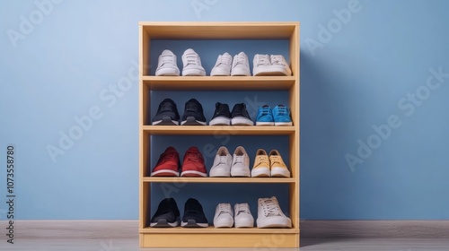 Wallpaper Mural Stylish Wooden Shoe Rack Displaying Variety of Footwear Against a Blue Wall for Organized Home Decor and Practical Fashion Storage Solutions Torontodigital.ca