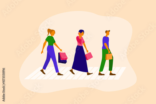 Colorful illustration of people with shopping bags.