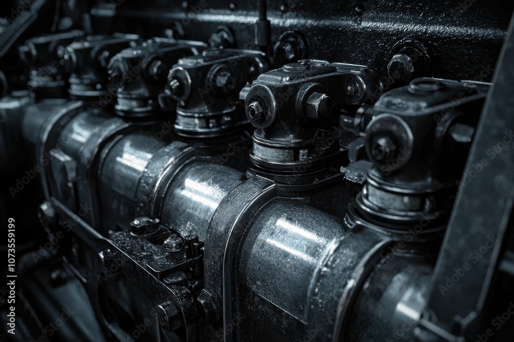 Detailed Close-Up of a Diesel Engine Component Highlighting Intricate Mechanics and Design Elements in a Dark Industrial Setting Detailed Close-Up of a Diesel Engine Component Highlighting Intricate Mechanics and Design Elements in a Dark Industrial Setting