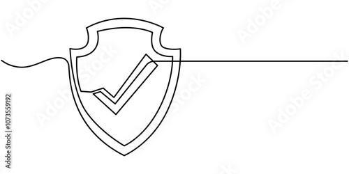 Security shield with check mark of one continuous line drawn. Shield drawn in one line. Safety and anti-virus protection concept. Vector illustration, Shield Protection Continuous Line Icon, Shield.