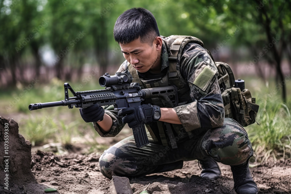 Fototapeta premium A Chinese soldier crouches in a training ground, focused on target practice with a rifle amidst lush greenery during military exercises