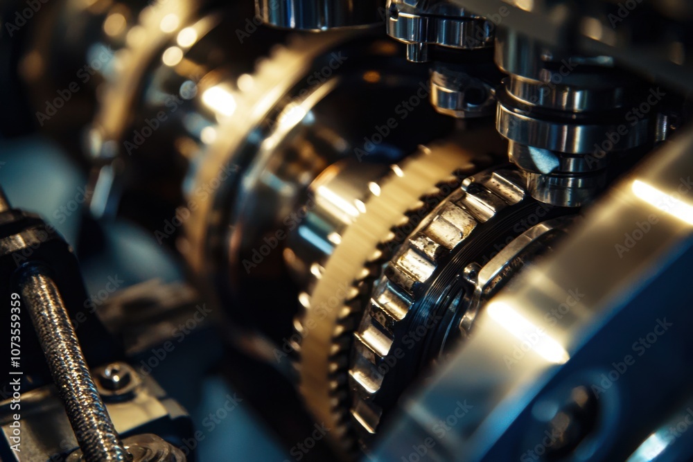 Naklejka premium Close-up of Diesel Engine Timing Belt and Tensioner Mechanism with Teeth, Showcasing Intricate Engine Components and Precision Engineering Details