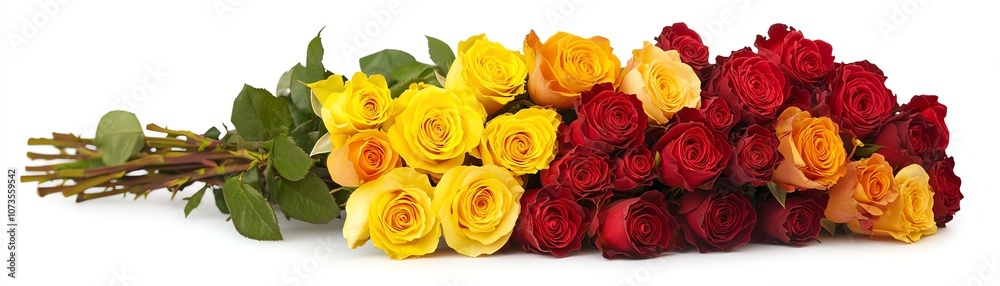 Colorful bouquet of roses in red, yellow, and orange on a white background. Colorful bouquet of roses in red, yellow, and orange on a white background.