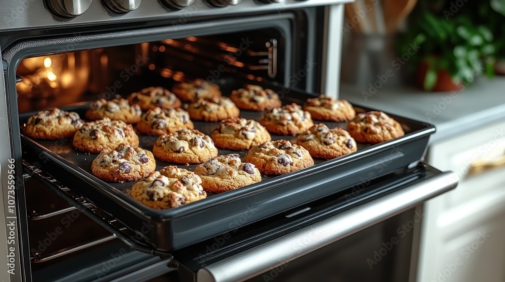 Freshly baked chocolate chip cookies in an oven. Freshly baked chocolate chip cookies in an oven.