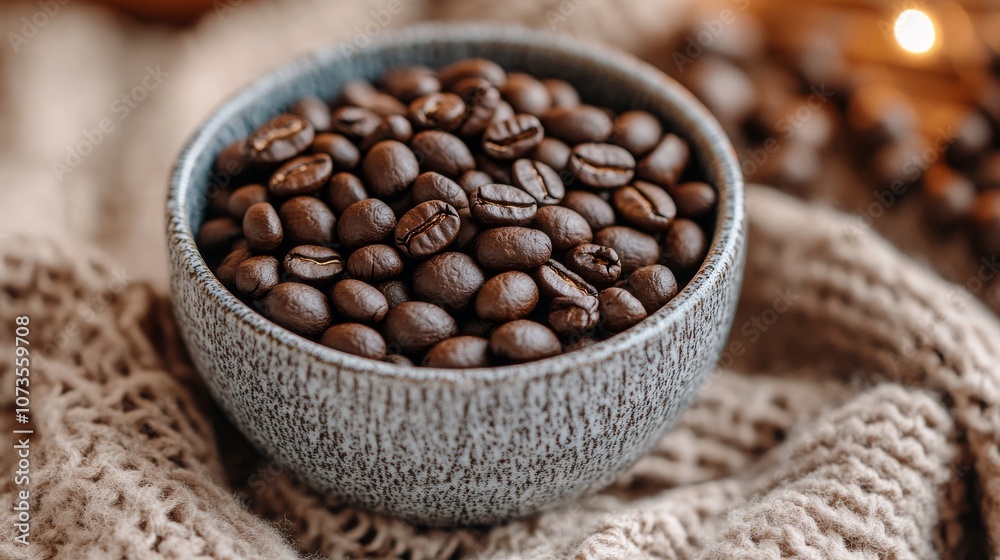 Fototapeta premium Rustic bowl of roasted coffee beans on textured fabric
