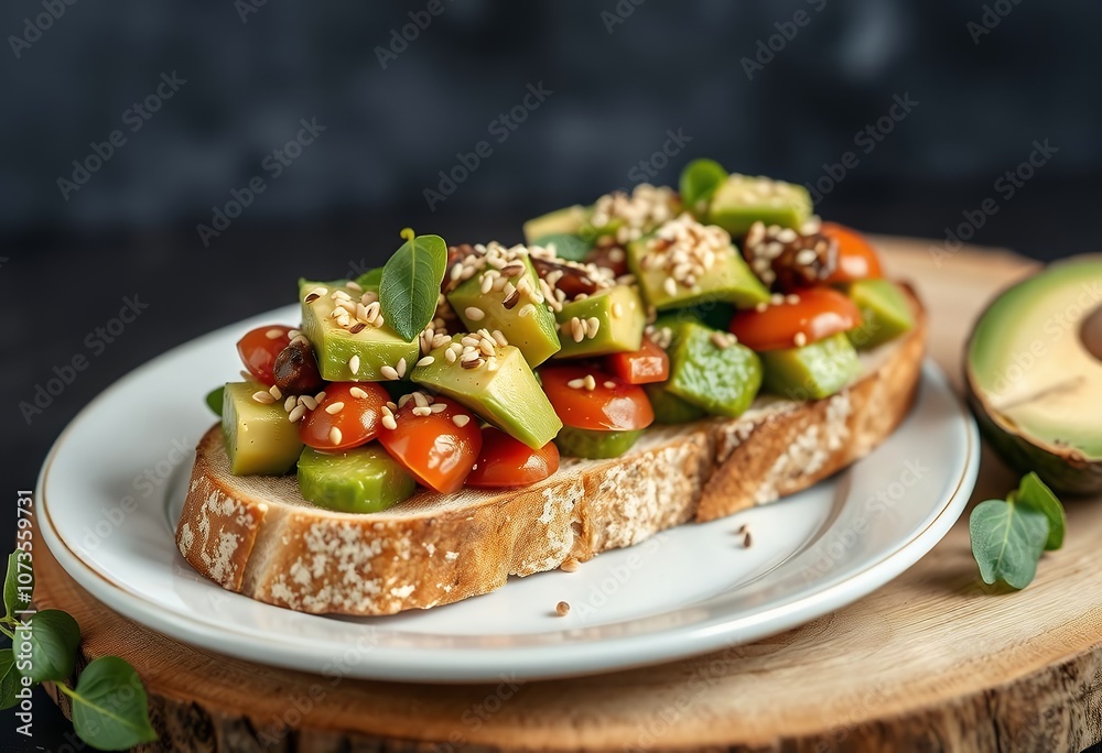 Delicious Avocado and Tomato Toast with Sesame Seeds Healthy Food Photography Delicious Avocado and Tomato Toast with Sesame Seeds Healthy Food Photography