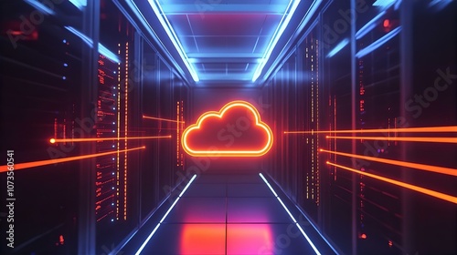 Neon Cloud Icon Illuminates Futuristic Server Room Corridor.