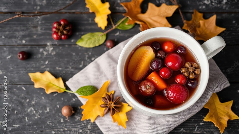Warm Autumnal Delight: Cozy Up with a Mug of Spiced Cranberry Tea Surrounded by Fall Leaves and Berries Warm Autumnal Delight: Cozy Up with a Mug of Spiced Cranberry Tea Surrounded by Fall Leaves and Berries