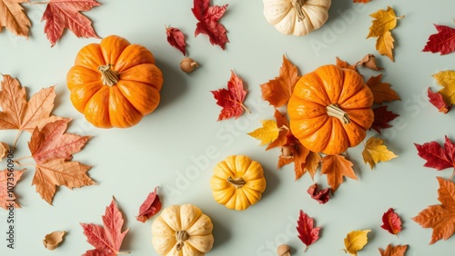 Celebrate Autumn's Beauty with Our Charming Pumpkin and Leaf Arrangement, Perfect for Fall Decor and Thanksgiving Table Settings photo