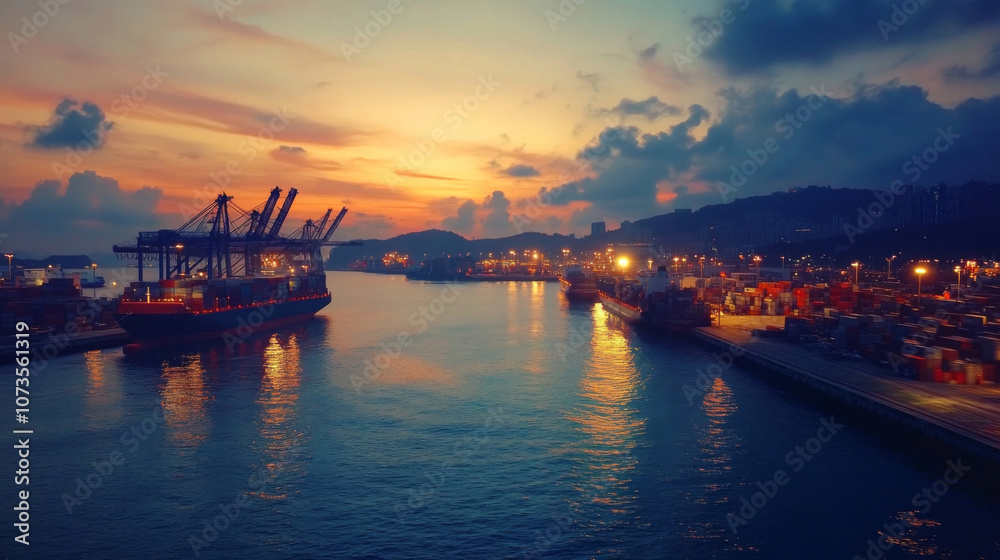 Fototapeta premium Container Ships Docked at Busy Seaport,Global Logistics and Trade
