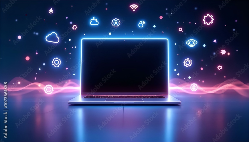 Laptop with Glowing Weather Icons: Modern Meteorology and Forecasting. Laptop with Glowing Weather Icons: Modern Meteorology and Forecasting.
