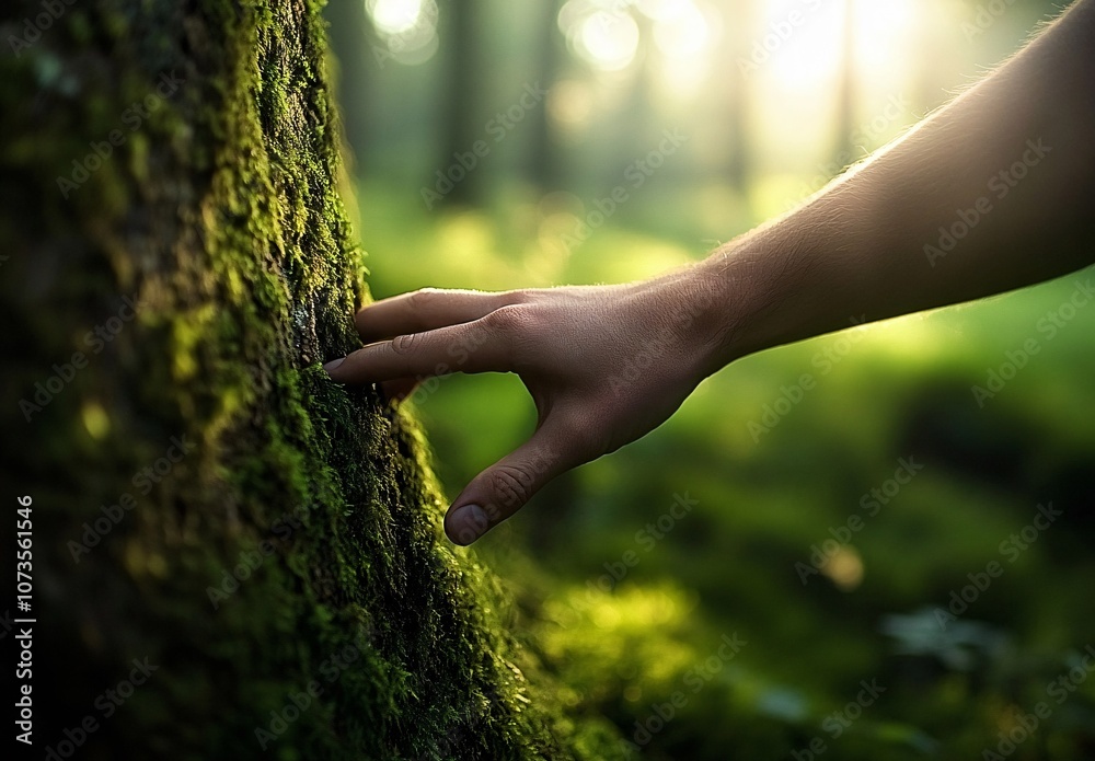 Hand Touching Mossy Tree Trunk in Forest Hand Touching Mossy Tree Trunk in Forest