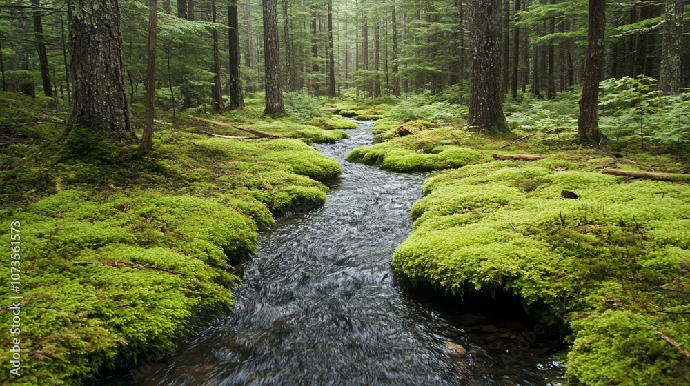 Obraz premium A small stream flows through a lush, green forest, surrounded by moss-covered ground and tall, slender trees.