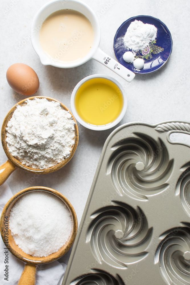Overhead view of mise en place of ingredients for making a vanilla cake, process of making cake Overhead view of mise en place of ingredients for making a vanilla cake, process of making cake