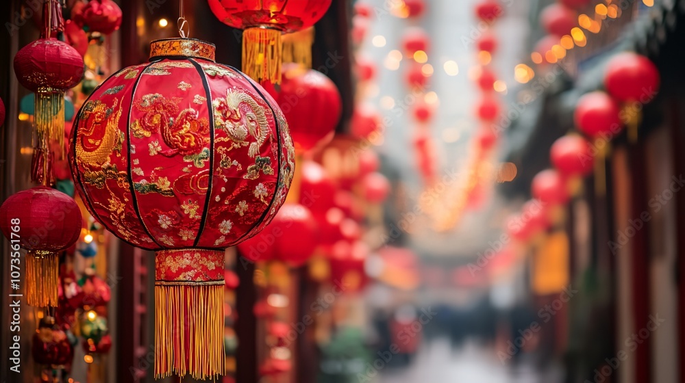 A red lantern with a dragon on it hangs in a street A red lantern with a dragon on it hangs in a street