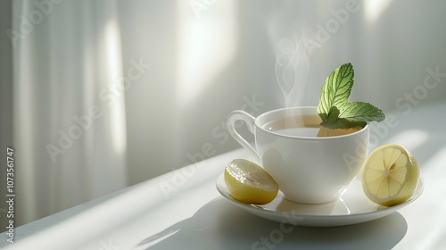 A steaming cup of tea with lemon and mint garnishes sits on a white table in front of a sheer white curtain.