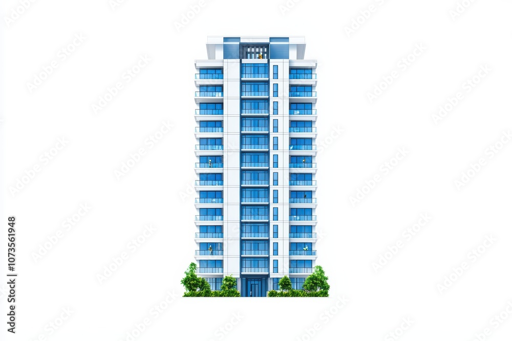 Modern residential building with blue accents and green surroundings. Modern residential building with blue accents and green surroundings.