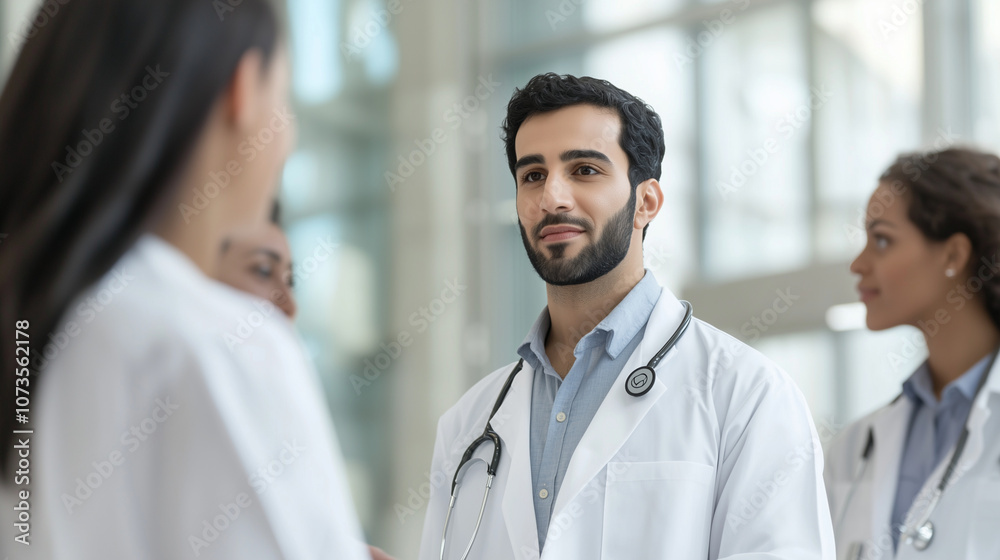 Arab Doctor Leading Diverse Medical Team in Hospital Setting Arab Doctor Leading Diverse Medical Team in Hospital Setting