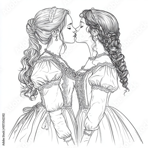 Cute clip art coloring page of two women in Victorian dresses, one with long hair in pigtails and the other with curly hair loose, sharing a sweet kiss. 