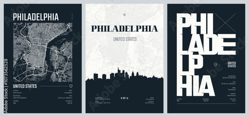 Set of travel posters with Philadelphia, detailed urban street plan city map, Silhouette city skyline, vector artwork, set 2