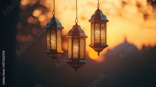 Hanging Islamic lantern against glowing sunrise light with space for copy, Eid and Ramadan Mubarak concept