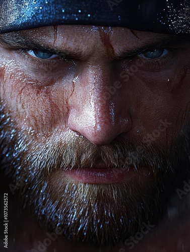 A close-up portrait of a rugged man with piercing blue eyes and an intense expression, showcasing wet skin and facial hair, Ideal for themes of strength, determination photo