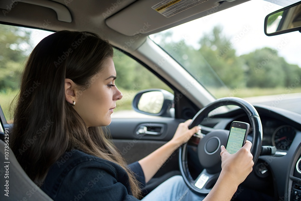 Woman in car driver's seat holding cellphone, glancing at screen, and gripping steering wheel, capturing distracted driving concept Woman in car driver's seat holding cellphone, glancing at screen, and gripping steering wheel, capturing distracted driving concept