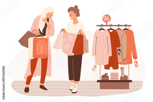 Shopping. Seasonal sale in store. Cute couple women girlfriends buyers near store rack with fashionable clothes and things. Vector illustration. Holiday shopper character, purchase, Black Friday