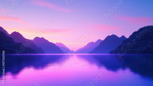 Serene sunset over tranquil water surrounded by majestic mountains.