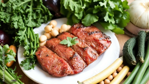 Gourmet Grilled Meat Platter with Fresh Vegetables and Herbs, Perfect for a Healthy and Delicious Meal photo