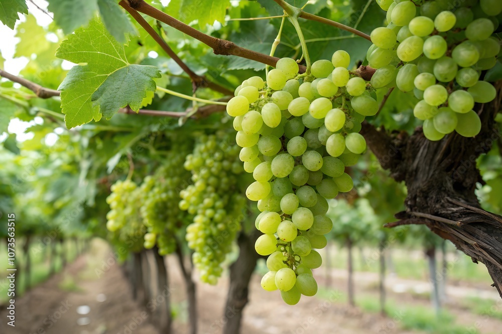 Fresh green grapes hanging from vine, showcasing their vibrant color and natural beauty.