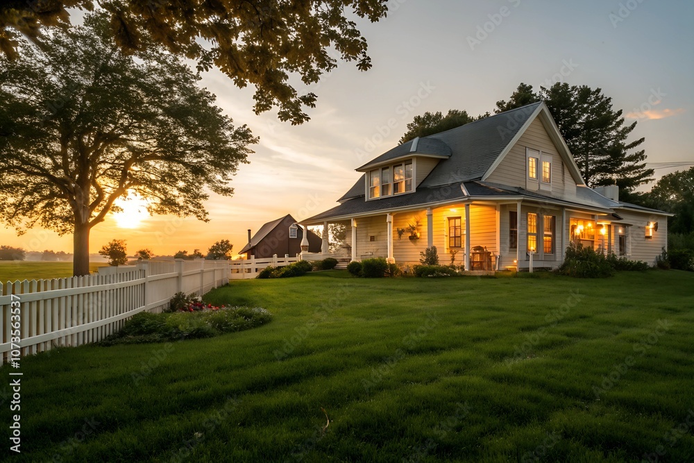 charming house surrounded by lush green grass, illuminated by warm glow of setting sun. peaceful scene evokes sense of tranquility and comfort. charming house surrounded by lush green grass, illuminated by warm glow of setting sun. peaceful scene evokes sense of tranquility and comfort.