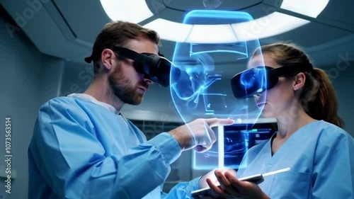 Medical professionals in an operating room using augmented reality glasses for surgery simulation and planning. High-tech healthcare innovation.