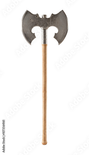 An antique axe with a wooden handle and metal blade, featuring two pointed tips and a curved blade, stands upright against a white background, showcasing its historical significance and craftsmanship