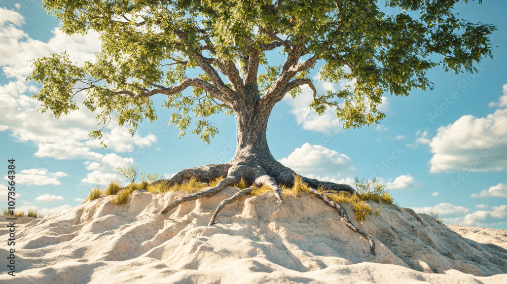 A majestic tree with deep roots thrives on a sandy hill beneath a vibrant blue sky, showcasing the beauty of nature's resilience A majestic tree with deep roots thrives on a sandy hill beneath a vibrant blue sky, showcasing the beauty of nature's resilience