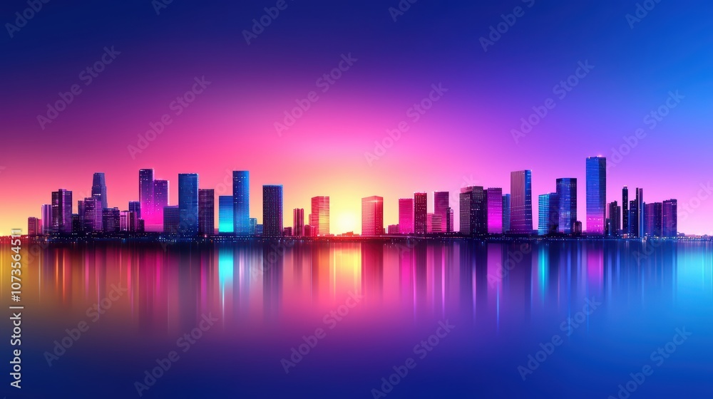 Vibrant city skyline at sunset with colorful reflections. Vibrant city skyline at sunset with colorful reflections.