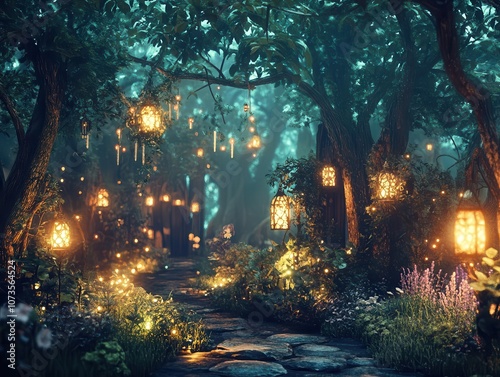 enchanted forest scene filled with mystical glowing lights, lush greenery, and whimsical elements. the atmosphere is magical and serene, inviting viewers into a fantasy world of fairytales photo