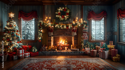 Cozy Family Room with Lit Fireplace and Christmas Decor