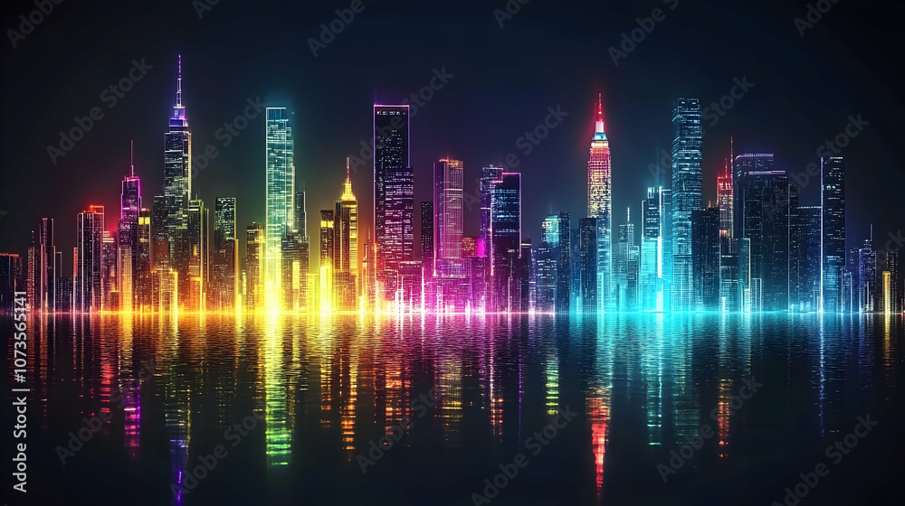 A vibrant cityscape at night with neon lights reflecting in the water. A vibrant cityscape at night with neon lights reflecting in the water.