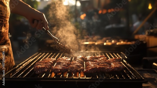 A Person is Cooking Meat on a Grill. This Image Can Be Used

 photo