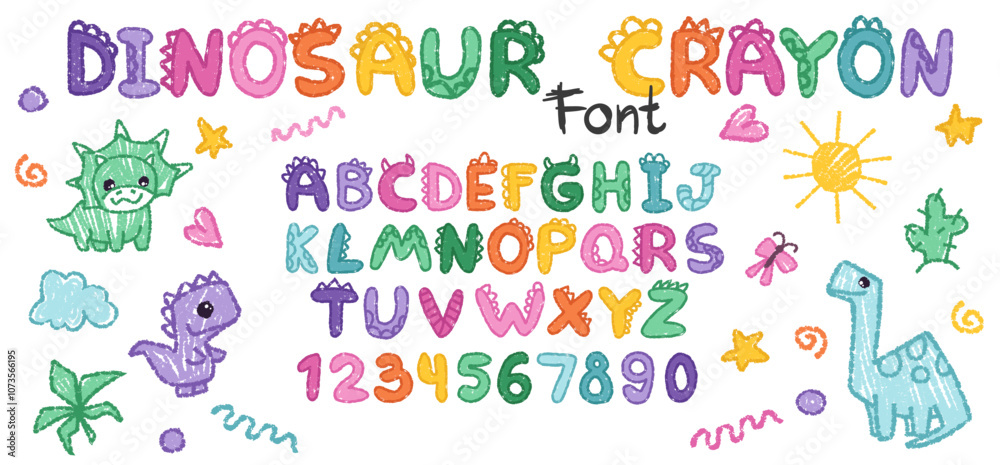 Dino crayon font with alphabet letters and numbers, cute dinosaurs character collection in hand drawn doodle chalk style for your design, nursery or kindergarten banners and posters. Vector illustrati Dino crayon font with alphabet letters and numbers, cute dinosaurs character collection in hand drawn doodle chalk style for your design, nursery or kindergarten banners and posters. Vector illustrati