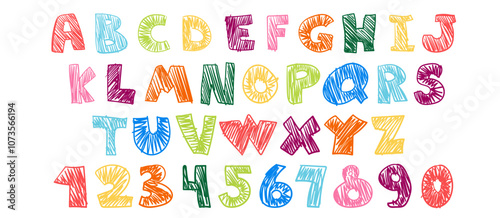 Crayon kids font, doodle funny playful alphabet, hand drawn letters and numbers. School wax crayon abc for educational banners, school, kindergarten. Vector cartoon children illustration photo